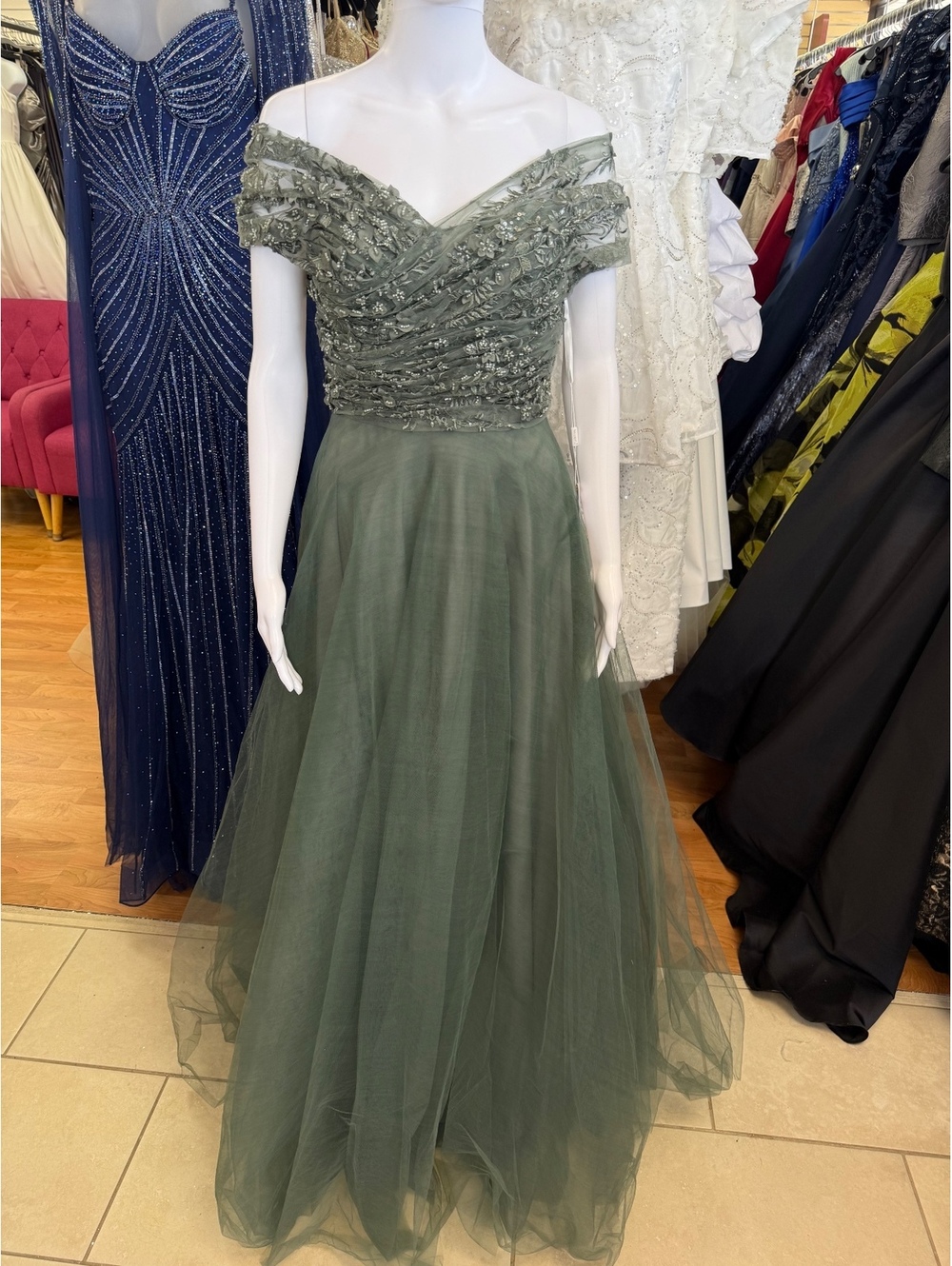 Nicoletta Steel Green Off-Shoulder Embellished Evening Gown US 2 - Picture 2 of 5